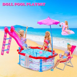 BARWA Doll Pool Playset Clothes and Accessories Includes Pool Party Set with Slide and Umbrella, 4 Set Swimsuit, Mermaid Tail, 3 Slipper, Pool Float, Beach Chair Swimming Pool Toys for 11.5 Inch Dolls