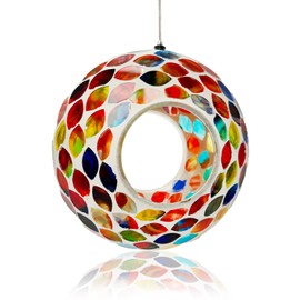 Glass Bird Feeders for Outdoor Hanging, Mosaic Fly Through Wild Bird Feeder Round Shape Birdfeeder for Outside Garden Yard Patio Decoration Red