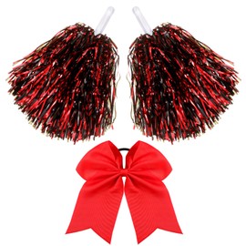 Hanaive 3 Pcs Plastic Cheerleading Pom Poms and Large Cheerleader Hair Bow Cheer Supplies for Dance Squad Sport Rooters Accessories(Red Black)