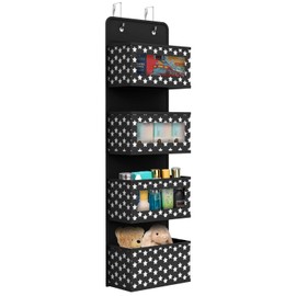 Vinsani Over The Door Hanging Organiser Space Saving Storage Solution 4 Tier Caddy With Clear Window and Steel Hooks Hanger For Bathroom Nursery Bedroom Toys Unisex – Black