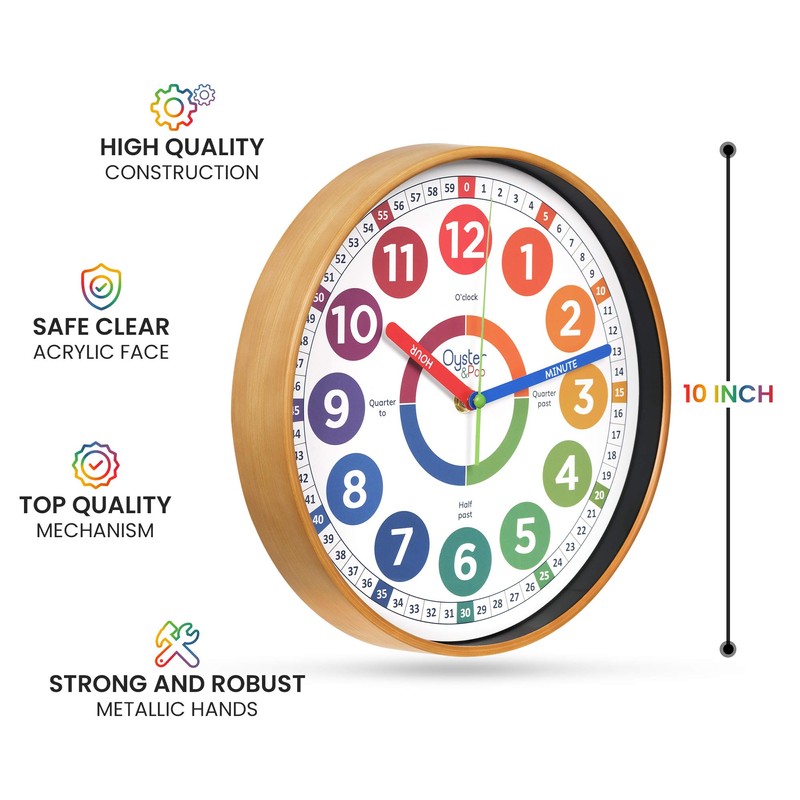 Oyster&Pop Kids Wall Clock - Learning Clock - Silent Analogue