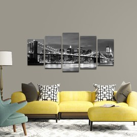 Wieco Art New York Brooklyn Bridge Canvas Wall Art Night View 5 Panels Modern Landscape Artwork Canvas Prints Abstract Pictures to Photo Canvas Wall Decor for Home & Office Decorations