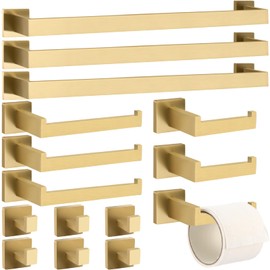 Threehoney 15 Pieces Bathroom Hardware Accessories Set, 23.6 Inch Stainless Steel Bath Towel Bar Set, Bathroom Hardware Set, Towel Racks for Bathroom Wall Mounted(Gold)