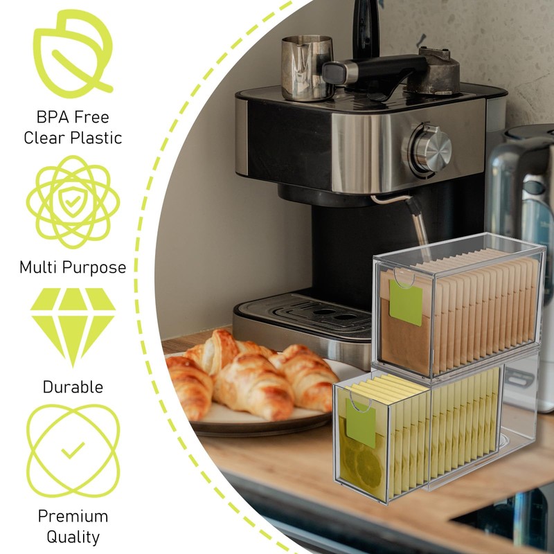 6 Pack Clear Acrylic Tea Bag Organizer Drawer, Stackable Tea