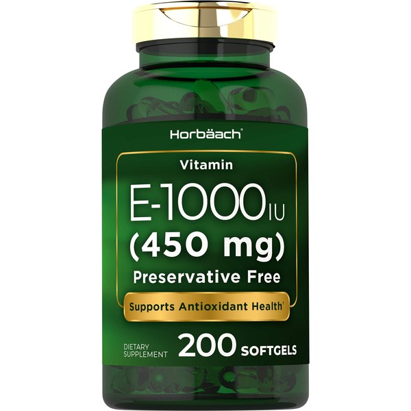 Vitamin E 1000 IU Softgel Capsules | 200 Count | Non-GMO, Gluten Free, Preservative Free | Vitamin E Oil | by Horbaach