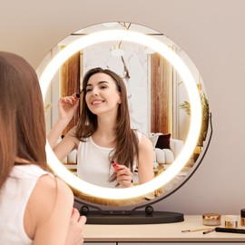 19'' Vanity Mirror with Led Lights, Large Round Makeup Mirror with Touch Control and 3 Color Lighting Modes, Round Vanity Mirror for Bedroom, Tabletop, Living Room, Easy to Install, Gold