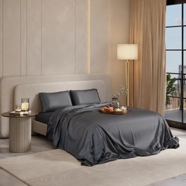 Stoa Paris Satin Sheet Set Full Size 4PCs, 300TC Ultra Soft & Breathable Bedding, Silky Bedsheet, Deep Pocket Fitted Sheet & Pillowcase, Cooling Sheets, Gentle on Skin & Hair, Date Night - Grey