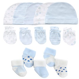 MAMIMAKA Baby Caps Gloves and Thick Warm Socks Cotton Newborn Essentials Accessories (Hats + Gloves + Terry Socks), 0-6 Months, Set-4 Blue/White