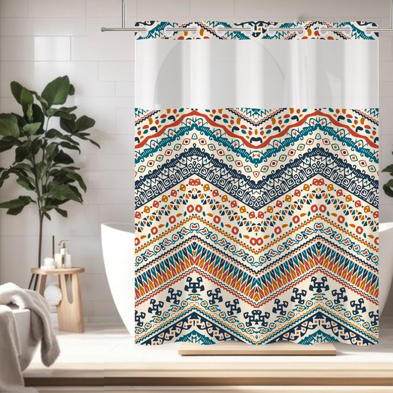 Yanutan No Hook Shower Curtain,Orange Bohemian Double-Layered Shower Curtain with