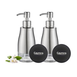 Gaussra 2 Pack Soap Dispenser with Coaster and Stickers, Stainless Steel Case Glass Liner Hand Pump Dispenser, Refillable Liquid Hand Soap Dispenser for Bathroom & Kitchen - Brushed Nickel