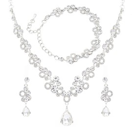 Oriamour Bridal Jewelry Set, Crystal Rhinestone Necklace Bracelet Earrings, Silver (Silver)
