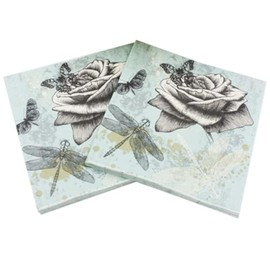 Set of 20 Individual Decoupage Shabby Chic Paper Party Napkins FLOWER & DRAGONFLY Watercolor Decor Luncheon Napkin for a Birthday holiday, Wedding, Cocktail Party