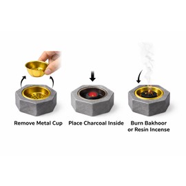 Mini Bakhoor Burner Resin Incense Holder with Metal Cup – Charcoal Oud Burner Compact Hexagon Design – Small Home Fragrance Burner 8cm – Red Black Grey White Set JR2612 (Grey)