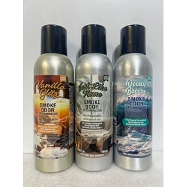 Smoke Odor Exterminator 198 gm/ 7 oz Large Spray Vanilla Glitz Set of Three Cans. Assortment (3) Includes Vanilla Glitz, Just Like Home & Ocean Breeze.