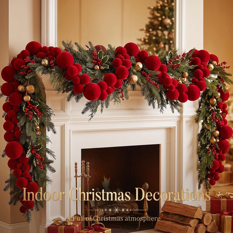 12ft Large Velvet Christmas Ball Garland Ornament, Red