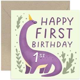 Old English Co. Happy 1st Birthday Card for Boy or Girl - Purple Dinosaur First Birthday Card - Age One Card - For Son, Daughter, Grandson, Granddaughter | Blank Inside Envelope