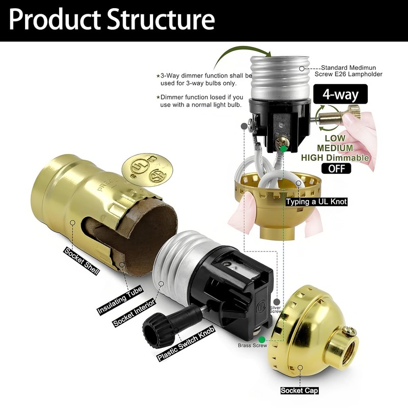 3 Way Lamp Socket Replacement, E26 Threaded Base, Lamp Base