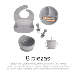 Raganet, Juego de Platos y Cubiertos para Bebé de Silicona, Set de 8 Piezas Libres de BPA, Babero, Plato, Tazon y Cubiertos, Seguros y Resistentes (Gris)