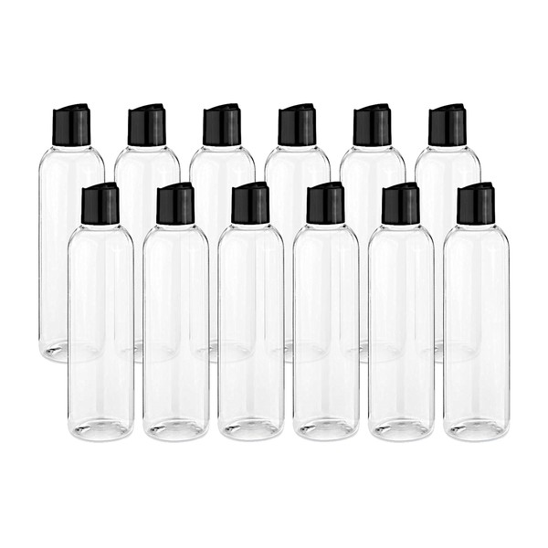 ljdeals Botellas de plástico transparente de 8 onzas con tapas negras, recipientes vacíos recargables para champú, lociones, crema y más, paquete de 12, sin BPA, fabricado en Estados Unidos