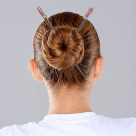 Set of Two 7 inch Long Wood Hair Sticks with Colored Rhinestones for Women - Brown