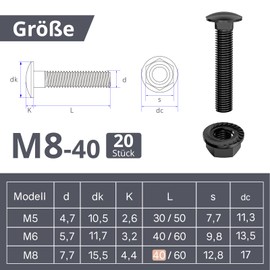 ORTAVA Carriage Bolts M8×40 Black Oxide DIN 603 (Pack of 20) with Hex Flange Nut, A2 V2A Stainless Steel, Round-Head Screws