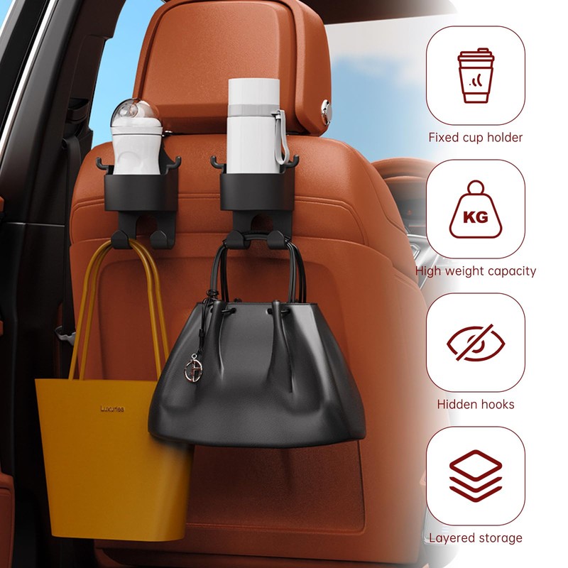 2 Pack Portable Seat Cup Holder with Hooks,Multi-functional Hook for