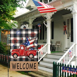 Louise Maelys 4th of July Garden Flag 12x18 Double Sided, Small Burlap Welcome Patriotic Truck Stars Farmhouse Garden Yard House Flags for Memorial Veterans Independence Day Outdoor Decor (Only Flag)