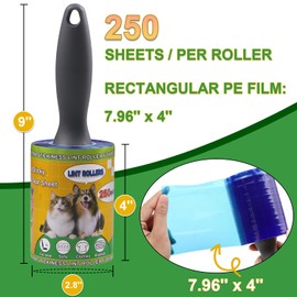 Lint Rollers Pet Hair Value Pack of 500 Sheets, Extra Sticky Lint Remover for Dog & Cat Fur, Clothes, Furniture, Couches Reusable Rollers for Fuzz, Fluff & Hair (Blue, 2 Count / 500 Sheets)