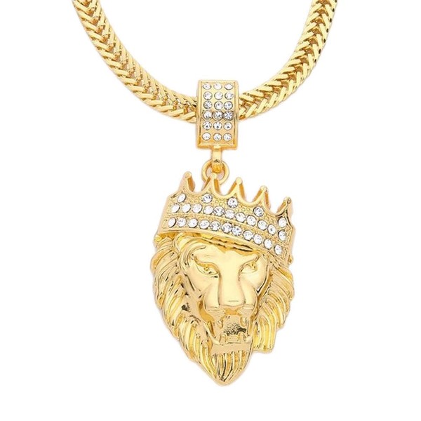 Hip Hop Jewelry Gold Crown Lion Head Pendant Iced Out
