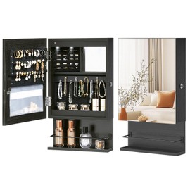HOOBRO Wall Mounted Jewelry Cabinet, LED Jewelry Armoire with Interior Mirror, Hanging Jewelry Organizer for Wall, Lockable Jewelry Storage Cabinet, 3.9 x 11.8 x 20.9 Inches, Christmas Gifts, Black