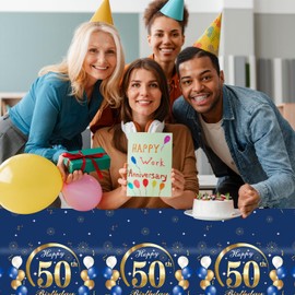 GROVBLE Pack of 2 Tablecloths for 50th Birthday, Blue Gold 50th Birthday Party Tablecloth, Happy Birthday Tablecloth, Wipe Clean Rectangular Tablecloth for Men, Women, Birthday Party Decor, 137 x 274