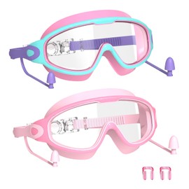 YLKJSWIM Swim Goggles, Kids Goggles for 3-15 with Earplugs, Large Frame Anti-Fog/UV No Leaking Pool Water Swimming Goggles for Boys Girls Youth Toddler (2pcs)