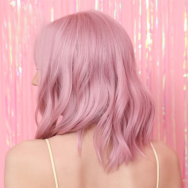 LC210-1 Curly Wavy Wig Pink Pastel Short Bob Synthetic Wigs