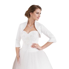 Gvnykany Fitted Wrap Bolero Style Bridal Wedding Satin with 3/4 Sleeve White L