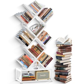 HI NINGER Tree Bookshelf,9 Tier Folding Bookshelf with Storage Cabinet, Tall Narrow Bookshelves Organizer,Bookcase Tower,Tall Floor Standing Book Organizer for Living Room/Bedroom/Home Office/Corner