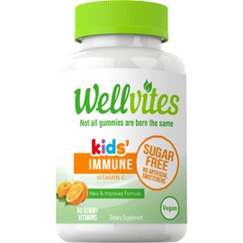 Wellvites Sugar Free Kids Immune Daily Gummy Vitamins - Vegan, Non-GMO - Vitamin C Gummies for Kids Immune Support, No Artificial Sweeteners, Gluten-Free, Gelatin-Free, 60 Count (30 Day Supply)