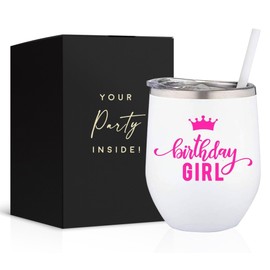 Your Dream Party Shop - Copa de vino de acero inoxidable con recubrimiento en polvo de 12 onzas sin tallo con popote y tapa con estampado (cumpleañera)
