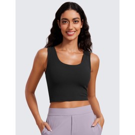 CRZ YOGA Ribbed Crop Fitted Tank Tops for Women Low U-Back Scoop Neck Casual Cropped Sleeveless Workout Yoga Shirt Black X-Small