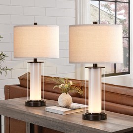 Kyrid 23.25'' Glass Table Lamp Set with Built-in LED Night Light, Modern Black Beside Table Lamp Set with USB Ports (Bulbs Included)