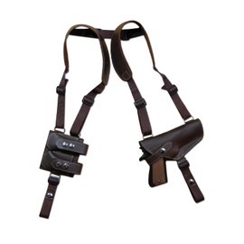 Barsony Horizontal Brown Leather Shoulder Holster w/Dbl Mag Pouch for Coonan 357 Magnum 6" Right
