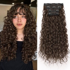Curly Clip in Hair Extensions,4PCS 20 Inch 100％ Pure Protein Silk Hair Extensions long Soft Natural Hairpiece Lace Weft Curly Wave Clip Ins Extensions Invisible for Women(Medium Brown)