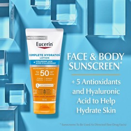 Eucerin Sun Complete Hydration SPF 50 (150 mL) – Lightweight, fragrance-free sunscreen for face & body with hyaluronic acid. Non-comedogenic and deeply hydrating.