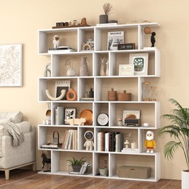 SILKYDRY 6-Tier Geometric Bookshelf, S-Shaped Book Shelf, Freestanding Room Divider Bookcase, 75-inch Vertical Staggered Bookshelf, Modern Decorative Display Shelf for Home Office (2, White)