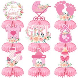 9Pcs Pink Rose Honeycomb Centerpieces for Girls Baby Shower Decorations, Baby Girl Honeycomb Centerpieces Table Decor, It's a Girl Gender Reveal Table Centerpiece, Newborn Baby Photo Booth Props