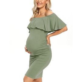 AONESX Off Shoulder Maternity Dresses for Baby Shower Photoshoot, Pregnancy Dress Grey Green XL