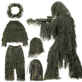 SETLUX Ghillie Suit for Men, 5 in 1 3D Camouflage Hunting Suits Camo Hunting Clothes for Adults, M/L/XL/XXL, Woodland or Desert woodland-M/L