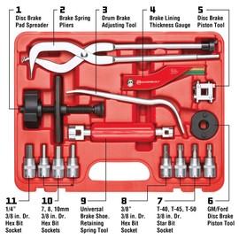 Powerbuilt Brake Service Set, 15 Piece, Remove Springs, Adjust Vehicle Drum Brakes, Spread Disc Pads, Piston Tool, Vehicle Repair Kit 948007