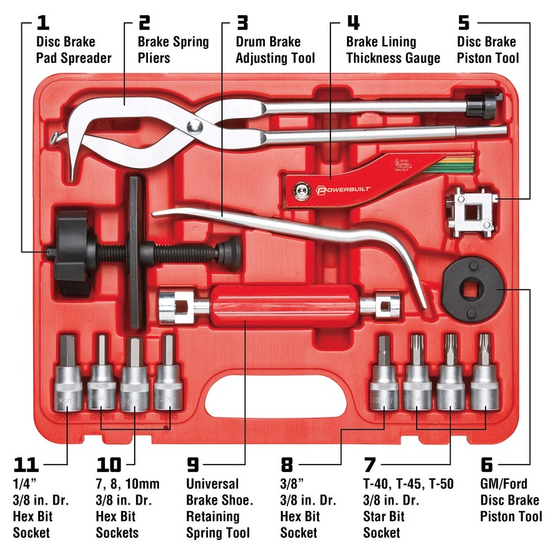 Powerbuilt Brake Service Set, 15 Piece, Remove Springs, Adjust Vehicle
