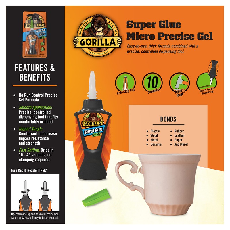 Gorilla Micro Precise Super Glue Gel, Cyanoacrylate Glue, Fast Setting,