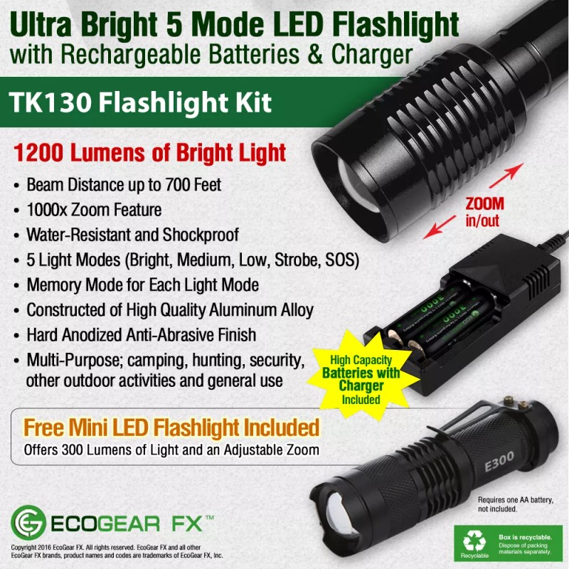 EcoGear FX High Lumen LED Flashlight for Camping Emergency w/